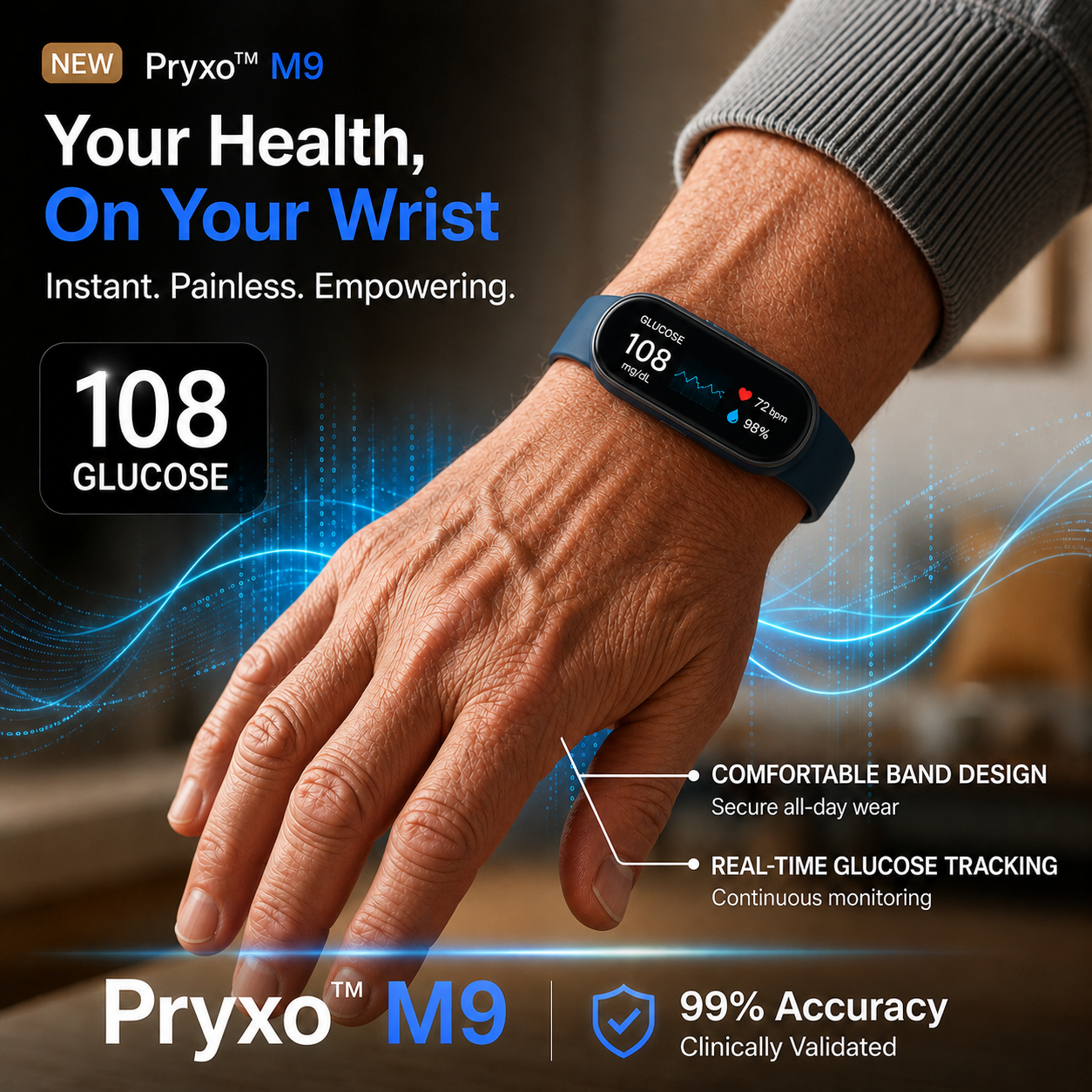 🔥80% OFF Launch Offer 🏆 2026 Pryxo™ M9 Non-Invasive Smart Band 📈12 health reports - No-Prick
